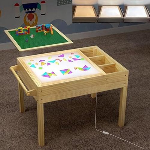 GDLF Light Table for Kids, 3-in-1 Kids Activity Table with Storage, LED Sensory, Building Brick & Art Station with Paper Roll Holder for Ages 3+