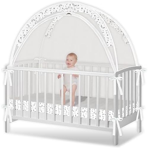 Crib Tent - Crib Net to Keep Baby in, Stop Baby from Climbing Out of Crib, Pop Up Crib Tent with Durable Breathable Net Double Zipper Strong Rods Installation Convenience (Gray Stars & Moons, Large)