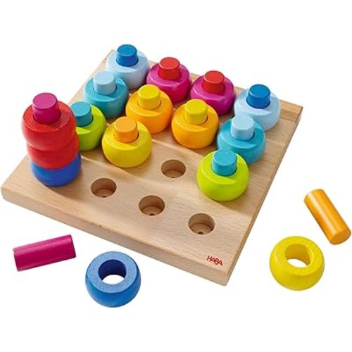 HABA Rainbow Whirls Wooden Sorting & Stacking Rings Shape Sorter, Educational Toys for 2 Year Old & Up, Color Sorting Fine Motor Toys, Made in Germany