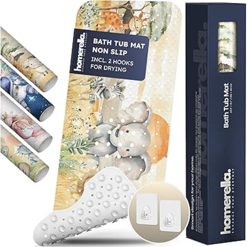Homerella Baby Bath Tub Mat | Anti Mold Mildew Resistant Non Slip Kids and Adult Bath Tub Shower Mats | 40x16 inch Long with Suction Cups for Secure Grip Hooks for Storage & Drying | Machine Washable