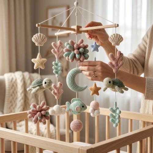 Handmade Ocean Baby Mobile, Crochet Turtle Fish Crib Mobile, Sea Nursery Decor, Custom Baby Gift, Neutral Coastal Theme