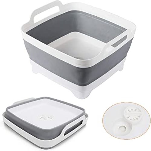 Yummy Sam Collapsible Dish Basin 9L(2.4Gallon) with Draining Plug Foldable Food Strainers Over The Sink Colander Fruits Drainer Basket Vegetable Space Saving Kitchen Storage Basket (Light Grey)