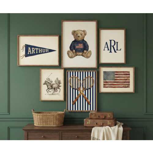 Personalized Preppy Nursery Wall Art Set 6 Prints, Ralph Teddy Bear Boy Room Decor, Custom Name Monogram Vintage Sports Digital Download