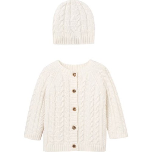 Horseshoe Cable Knit Cotton Cardigan & Hat Set, 6-9M
