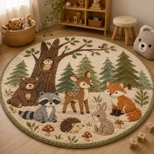 Woodland Animal Kids Round Rug – Forest Nursery Tufted Playroom Carpet with Bear, Fox & Deer