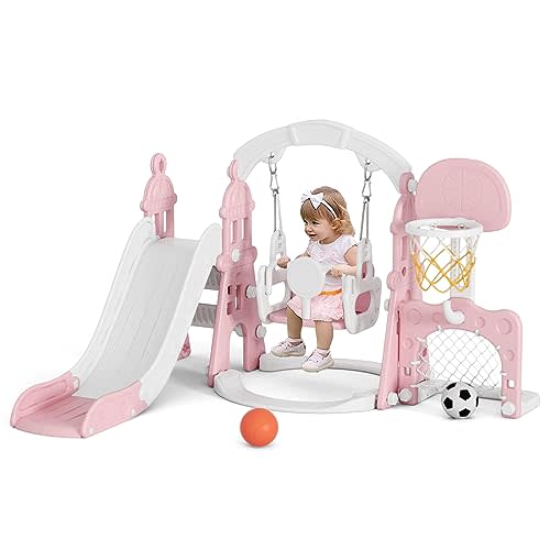 XJD 6-in-1 Toddler Slide and Swing Set, Kids Slide for Toddlers Age 1+ | Toddler Outdoor Playset with Basketball Hoop, Football Frame, Swing, Outdoor Indoor Playground for Toddlers 1-3 (Pink)