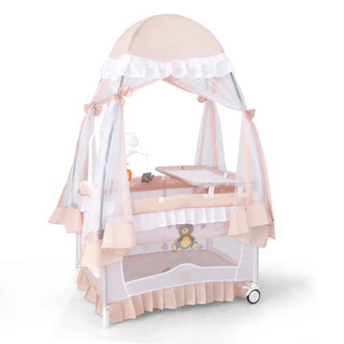Costway Baby Playard Crib Bed 4 in 1 Portable with Changing Table Canopy Music Box Light Pink