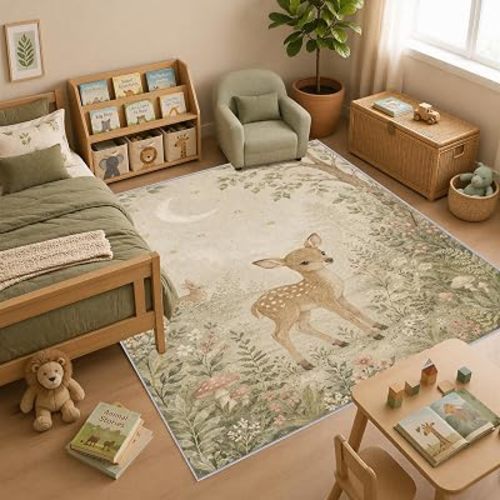 Deer Nursery Rug 5x6, Washable Kids Room Rug with Starlit Garden Forest Animal Design, Soft Low Pile Non Slip Area Rug for Baby Room Playroom Bedroom Decor