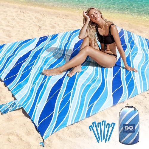 Everlasting Comfort 6-Person Beach Blanket, Oversized Extra Large Beach Mat, Tulum Blue