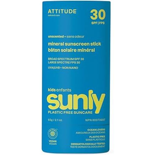ATTITUDE Mineral Sunscreen Stick for Kids, SPF 30, EWG Verified, Plastic-Free, Broad Spectrum UVA/UVB Protection with Zinc Oxide, Dermatologically Tested, Vegan, Unscented, 2.1 Ounces