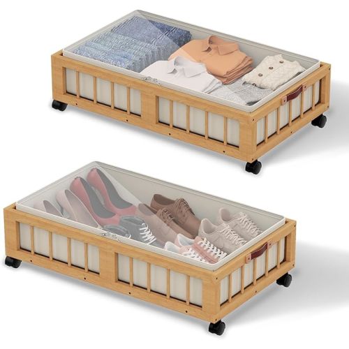 efluky 2-Pack Bamboo Under Bed Storage Containers with Wheels, Under Bed Clothes Storage Basket with Large Dust Bag, Rolling UnderBed Storage for Bedroom, Dorm and Basement, Nature