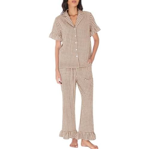 Kissonic Women Plaid Pajamas Sets 2 Piece Cotton Button Down Short Sleeve Shirt Ruffle Pants Gingham Pjs Lounge Set