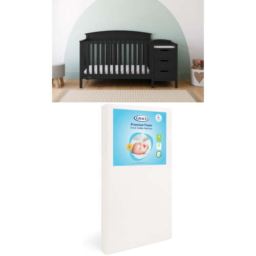 Graco Benton 4-in-1 Convertible Crib and Changer and Premium Crib & Toddler Mattress Bundle, Black