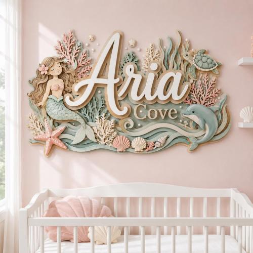 Custom Mermaid Name Sign, Personalized Under The Sea Nursery Wall Decor, Wooden Ocean Baby Girl Room Plaque, Turtle Dolphin Coral Sign