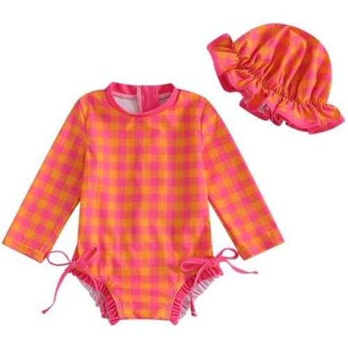 KMBANGI Newborn Toddler Baby Girl Swimsuit Long Sleeve One Piece Rash Guard Ruffle Butts Bathing Suit Swimwear with Hat 0-24M