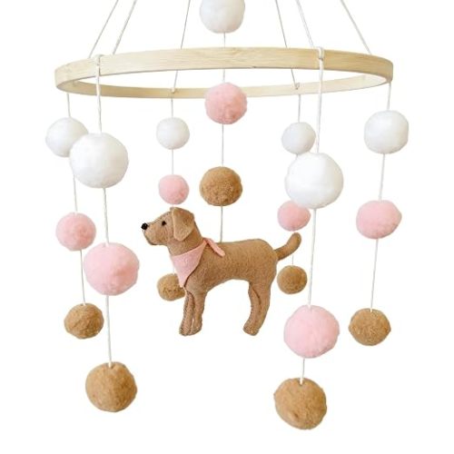 Baby Crib Mobile for Girls Boys Dog Theme Baby Mobile for Crib Mobile for Bassinet with Felt Ball, Pink