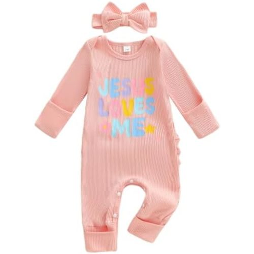 Newborn Baby Girls Christian Clothes Jesus Loves Me Jumpsuit Long Sleeve Ribbed Bodysuit Bow Headband Church Outfit
