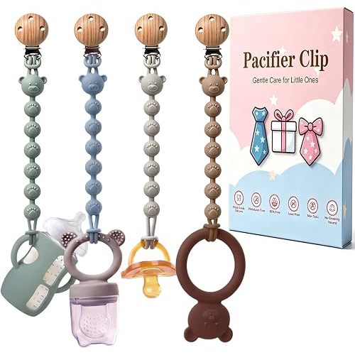 Silicone Pacifier Clip Holder with One Piece Design, Soft Flexible Binky Cute Bear Food Grade Silicone Binky Clips with Texture for Baby Boy and Girl Gifts Pack of 4