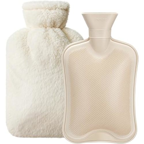 Dawdix 2L Natural Rubber Hot Water Bottle with Cover, Leakproof Design for Hot & Cold Compress, Ideal for Menstrual Cramps/Hand & Feet Warmer/Neck & Shoulder Pain Relief, Ultra-Soft Touch, Cream White