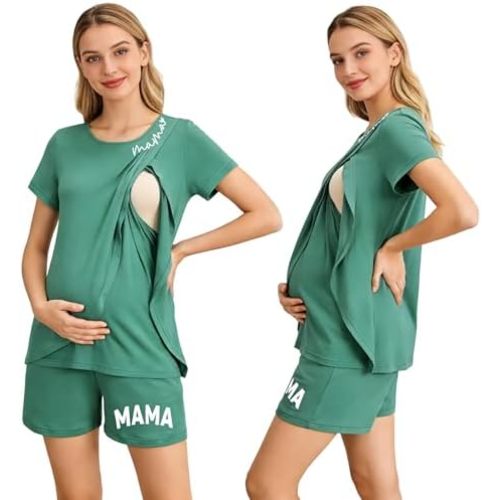 UNIQUEONE 2 Pack Women’s Nursing Pajamas Set-Double Layer Maternity Breastfeeding Pjs-Postpartum Short Sleeve Tops & Shorts