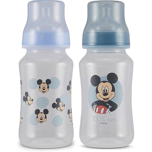 Disney Mickey Mouse Baby Bottles 11 oz for Boys or Girls | 2 Pack of Infant Hourglass Shaped Bottles with Cover for Newborns and All Babies | BPA-Free Plastic Baby Bottle for Baby Shower