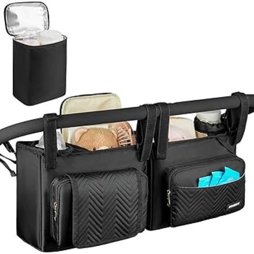 Double Stroller Caddy Compatible with Bob Duallie,Baby Jogger City Mini Gt2 and Zoe Twin V2,Double Stroller Parent Console with Cooler Bag and Cup Holder,Black
