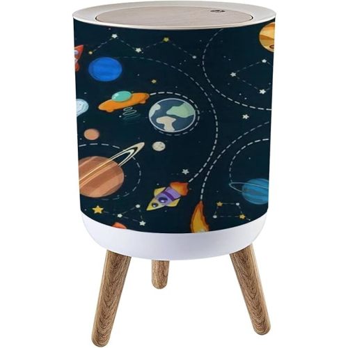 Round Trash Can with Press Lid Space Theme Solar System Kids Cartoon Planet Seamless Rocket UFO Small Garbage Can Trash