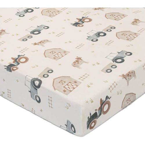 Crane Baby Charlie Farmhouse Tractor Crib Fitted Sheet, 100% Cotton Baby Bed Sheets, Farm Nursery Decor, Crib Sheets for Boys, Baby Registry Gift, Tractor Nursery Decor