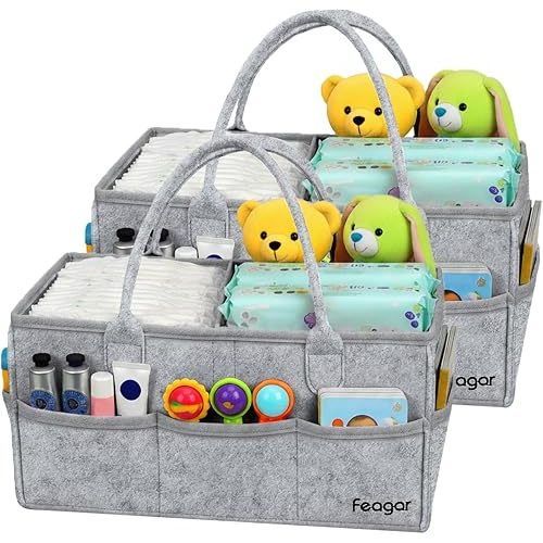 Feagar Baby Diaper Caddy Organizer with Handle, 15 Inch Large 2 Pack Set with 8 Pockets & 2 Dividers, Portable Nursery Storage Basket & Car Organizer for Changing Table, Travel (Grey)
