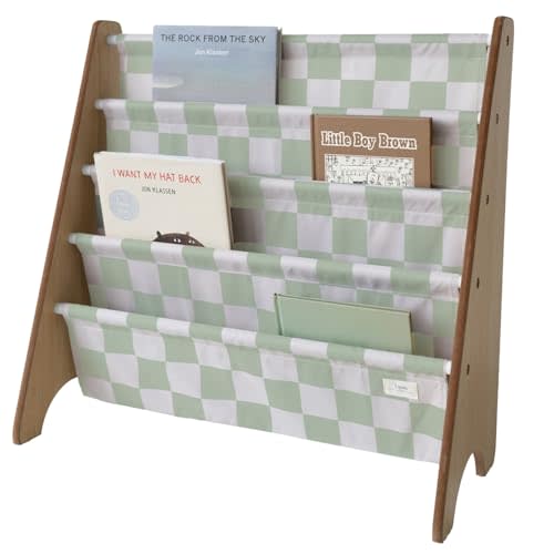 3 Sprouts Recycled Fabric Kids Bookshelf – 4-Tier Sling Book Rack Organizer - Nursery Room Playroom Classroom Wooden Book Shelves - Kid Bookcase Wood Storage Shelf for Toddler Age 3+ - Checkered Green