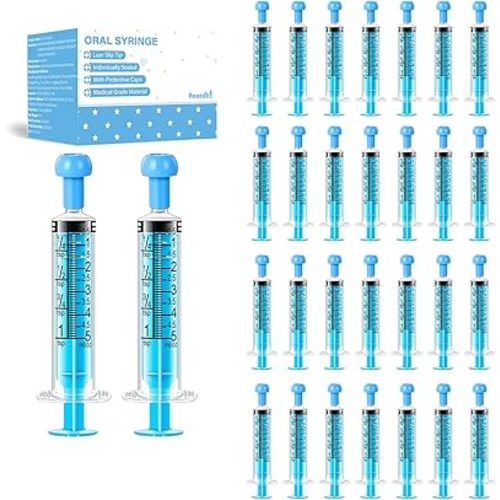 30Pcs 5ml Children Oral Syringes, Liquid Plastic Syringe,Colorful Measuring Tools Individually Sealed for Feeding,Baby Medicine Syringes with Caps(Blue)