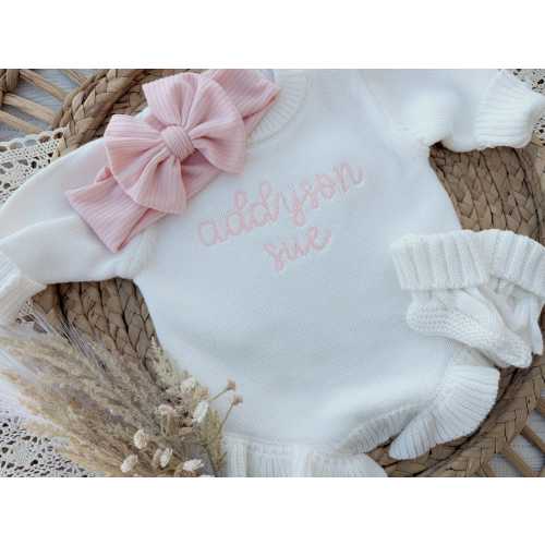 Personalized newborn white knit ruffle sweater baby outfit, Custom cotton knitted baby bodysuit, coming home outfit