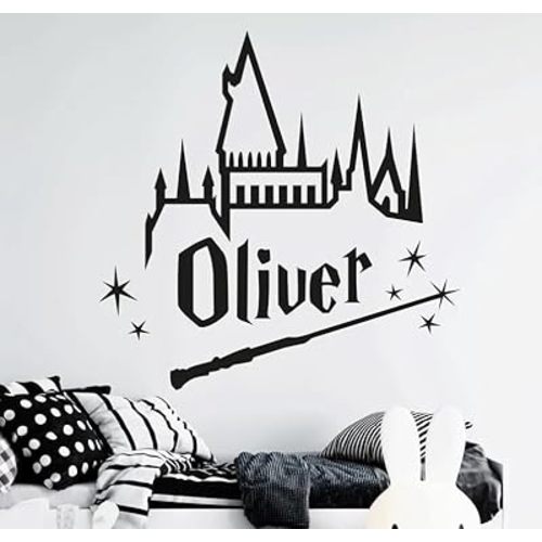 Custom Wizard Name Wall Decal for Kids Room - Personalized Wand Castle Wall Sticker Wallpaper - Emo Room Decor Unisex Magic Teen Wall Decoration - Strars Bedroom Art Mural Vinyl Sticker