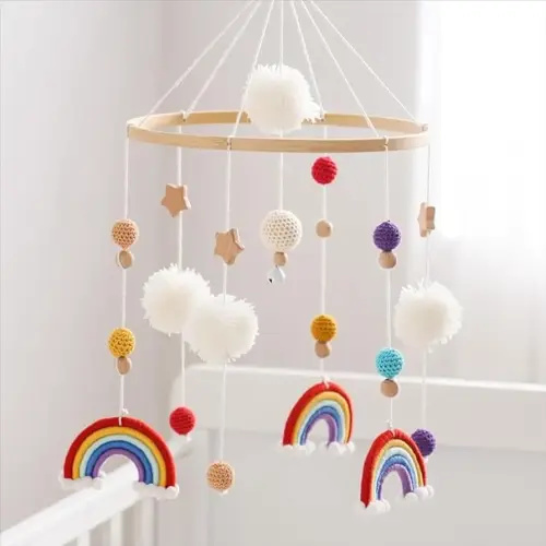 Baby Mobile for Crib Rainbow Theme with Crochet Pom Poms Handmade Wooden Crib Nursery Mobile for Boys Girls Nursery Hanging Decor (B)