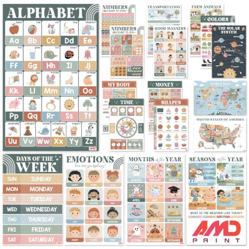 AMD PRINT Educational Posters for Preschool, Pack 18 Modern Boho Charts | Classroom Must Haves, Homeschool Essentials, Laminated Pre-K & Kindergarten Learning for Toddlers 1-3-5 Activities