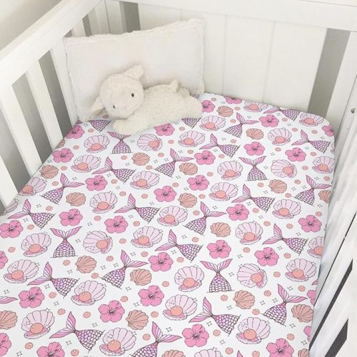 Pink Summer Mermaids Seashells Floral Baby Crib Sheets for Girls Boho Neutral Conch Pearls Soft Snug Fitted Crib Mattress Covers for 52''x28'' Standard Crib & Toddler Mattress Sea Beach Bed Sheets