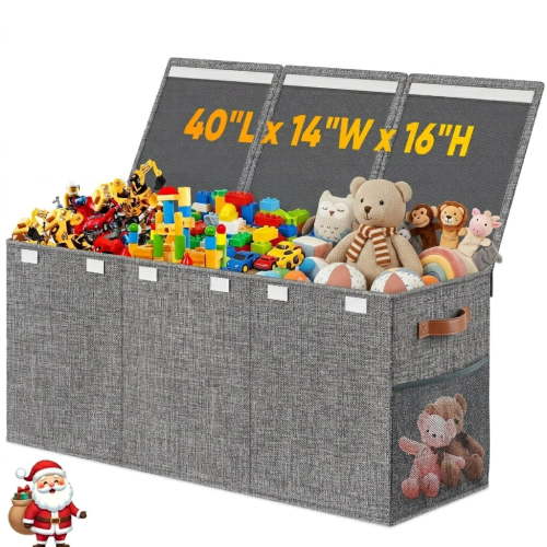 Extra Large Toy Box, Collapsible Sturdy Kids Toy Storage Storage Box with 2 Side bags and Removable Lidslarge Toy Chest for Boys, Girls, Nursery, Living Room, Playroom,Gray