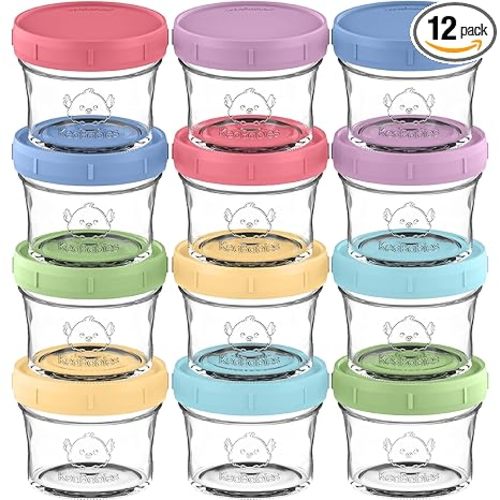 KeaBabies 12pk 4oz Glass Baby Food Containers with Lids - Leak-Proof, Microwavable Small Glass Jars, Baby Purees & Toddler Snack Storage Containers, BPA-Free, Dishwasher & Freezer Safe (Nord)