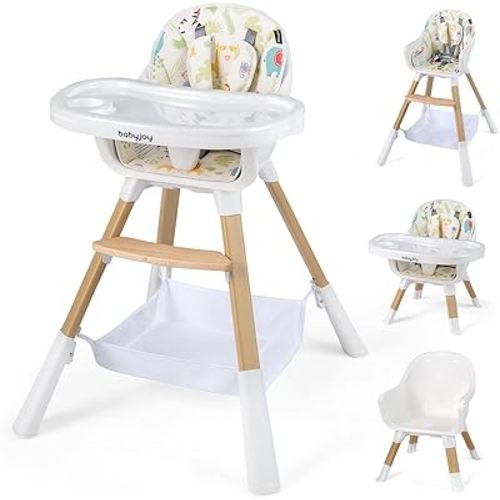 HONEY JOY Baby High Chair with Storage Basket, Wooden Convertible Highchair for Babies and Toddlers, 3 Adjustable Heights, Removable Double Food Tray, PU Cushion with 5-Point Safety Harness (Beige)