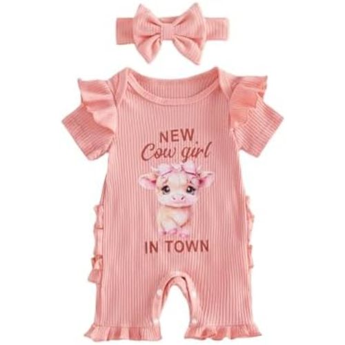 Newborn Baby Girl Cowgirl Outfit Western Clothes New Cowgirl in Town Onesie Summer Ruffle Short Sleeve Romper Country