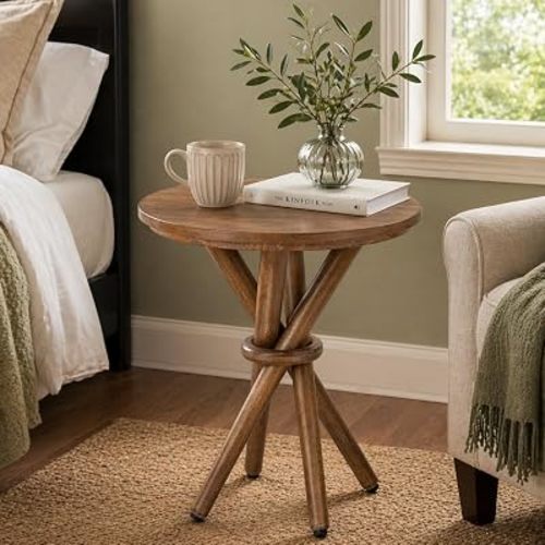 COZAYH Small Rustic Round Wood End Table with Bundled Legs, Walnut