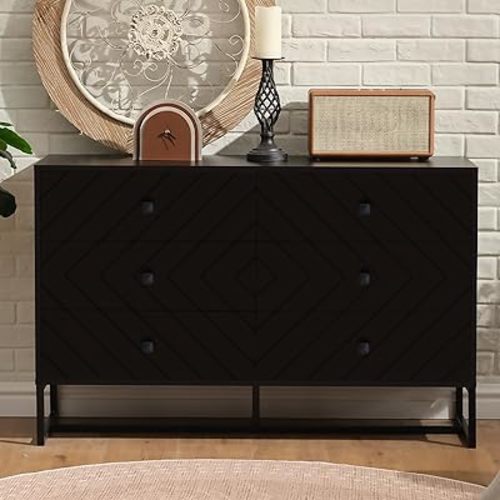 6 Drawers Dresser for Bedroom,47" Wide Wood Chest of Drawers TV Stand and Dresser for Kids Bedroom Modern Minimalist Closet Store Organizer for Living Room, Closet, Hallway, Black