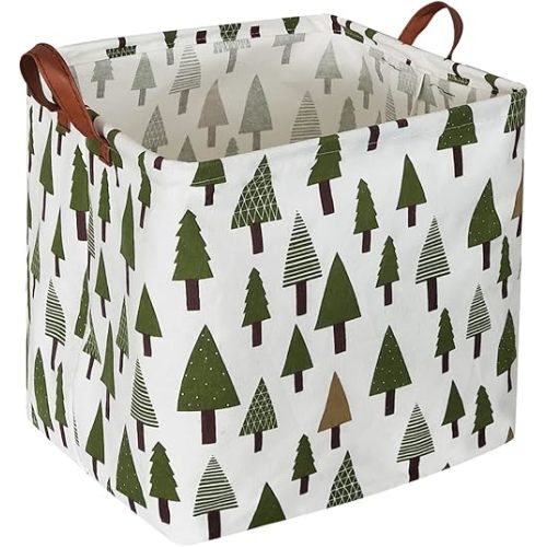 Square Woodland Storage bin, Nursery Basket,Collapsible Green Storage Box with Handles for Nursery Storage. (Square Tree)