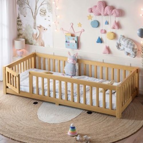 Bellemave Twin Size Floor Bed for Kids with Safety Guardrails & Removable Door, Montessori Low Profile Platform Bed Frame, Pine Wood Kids Bed, Natural