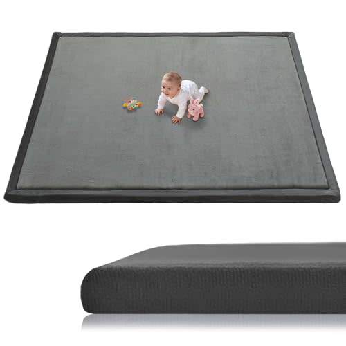 Baby Play Mat for Floor, 1.3 Inch Thick Memory Foam Tummy Time Mat with Non Slip Backing, Soft Coral Velvet 59X71 Inch Playpen Mat Crawling Tatami for Infants Toddlers Kids, Dark Gray