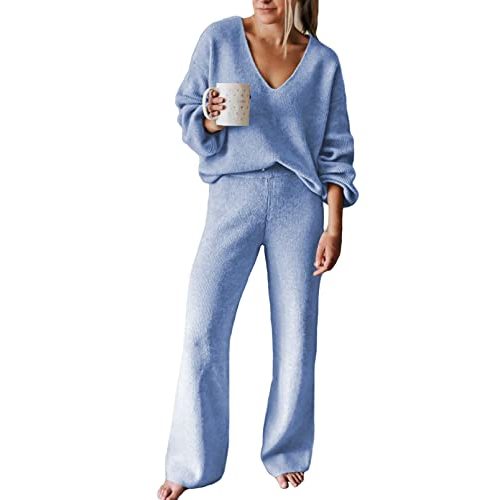 Viottiset Women's 2 Piece Outfits Casual V Neck Knit Wide Leg Sweater Lounge Set Sweatsuit