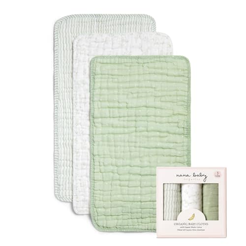 Nana Baby Burp Cloths – 100% Organic Cotton, Oversized & Hypoallergenic, 8-Layer Muslin, Machine Washable, Neutral Unisex Colors, Gentle on Sensitive Skin, Set of 3 (Green)