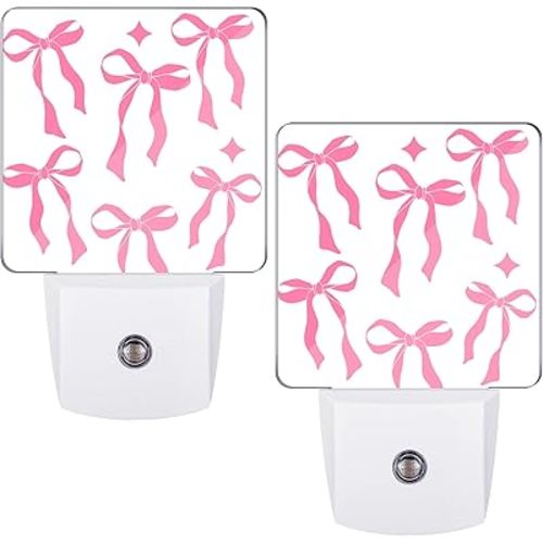 2 Pcs Pink Bow Night Lights Sensor Night Light Plug in Dusk to Dawn LED Lamps Gift for Indoor Bedroom, Bathroom, Toilet, Stairs, Kitchen, Hallway