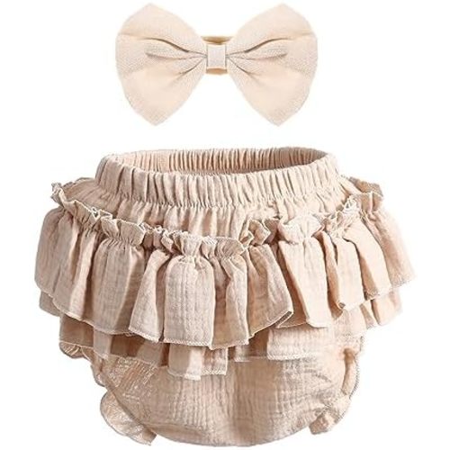 Newborn Infant Baby Girl Cotton Bloomers and Bows Toddlers Ruffle Shorts Diaper Covers Headband Set