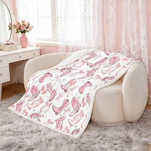 Cowgirl Throw Blanket,Western Cowboy Boots Pink Bowknots Fleece Blanket for Bedroom Dreamy Fairy Tale Princess Starry Pink White Soft Blanket for All Seasons,Baby (30 x 40 Inches)